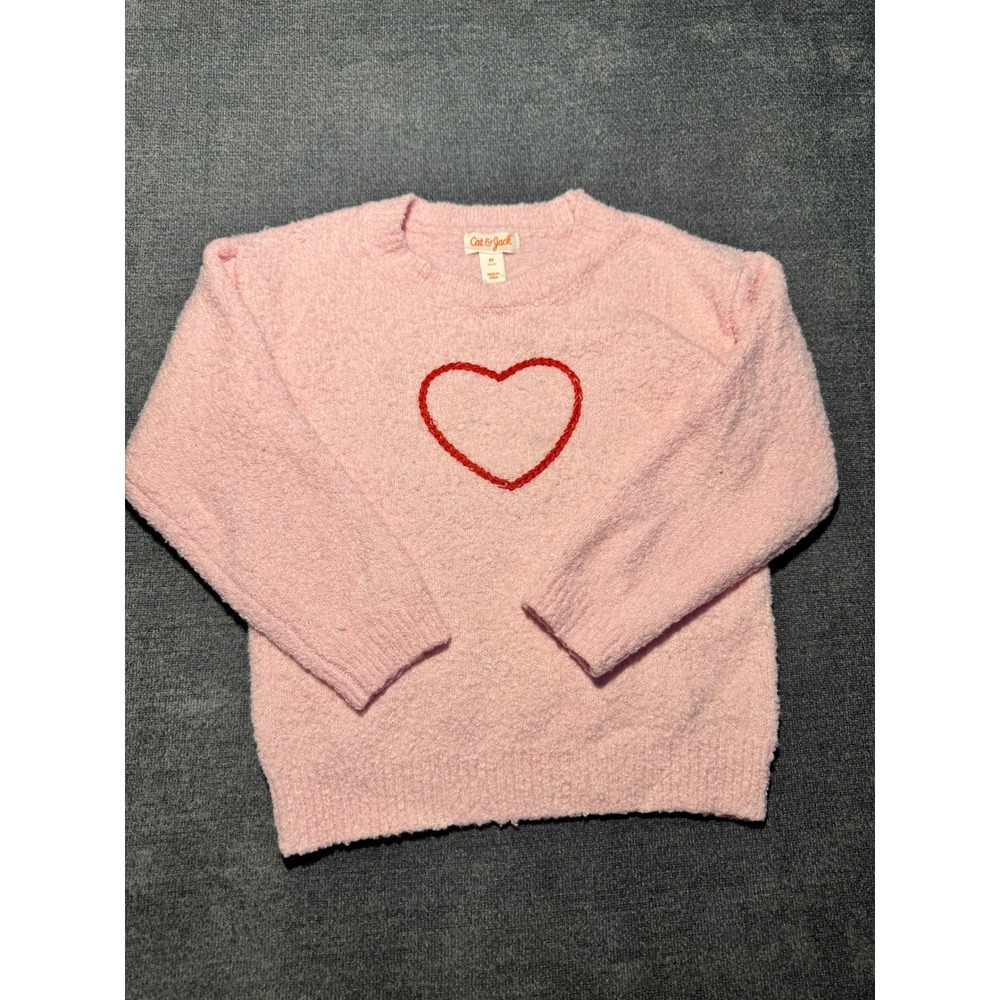 Cat & Jack Girls Pink Popcorn Knit Heart Sweater 4T Valentine Red Embroidered